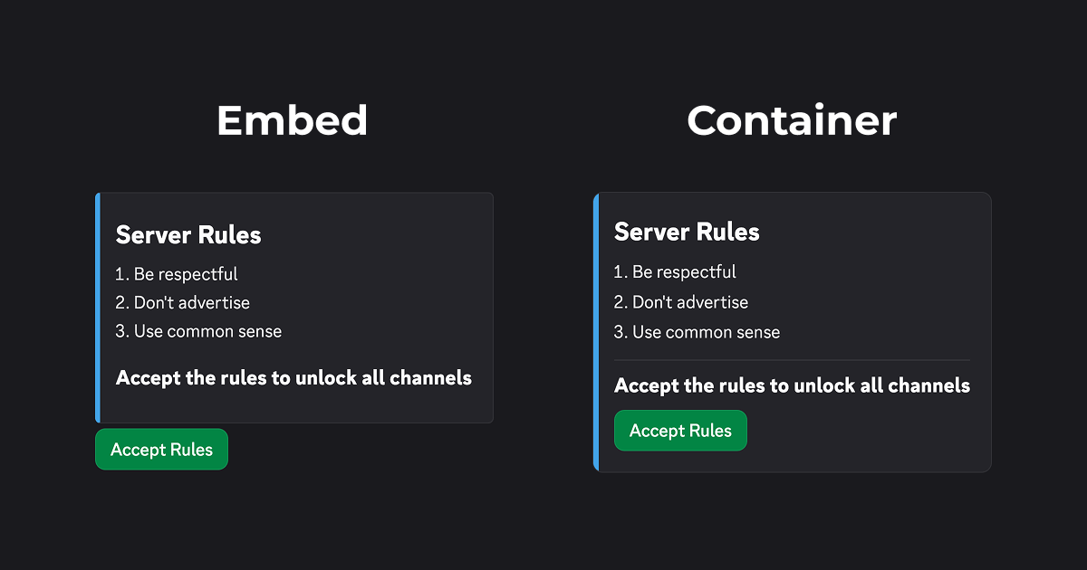 A Discord embed with an Accept Rules button underneath it, beside a container showing the same rules with the button inside it.